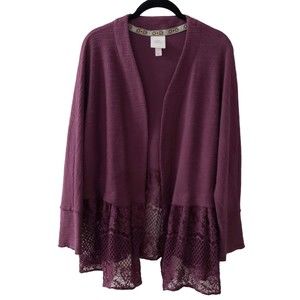 Knox Rose Lace Bottom Long Sleeve Open Cardigan Jacket, Plum/Purple, Sz S